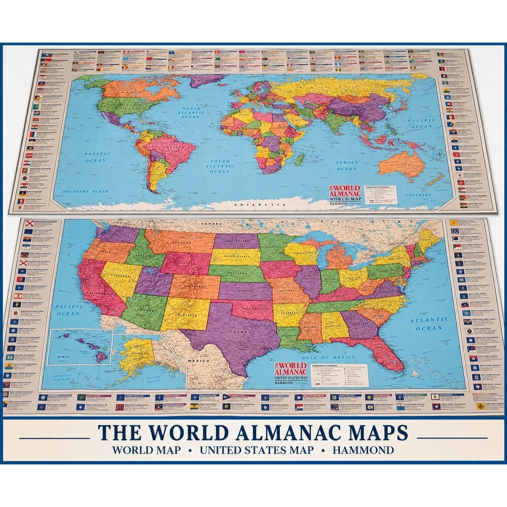 Hammond World Map & Map of United States Set 50" x 38" Homeschool Classroom GUC